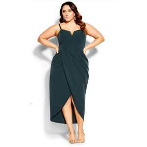 City Chic Emerald Green Sassy Sleeveless Midi Dress Cocktail Notch Neck Size 18